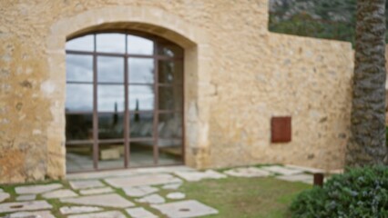 Blurred view of a stone mediterranean house exterior with defocused glass windows and bokeh effect against an outdoor garden setting.