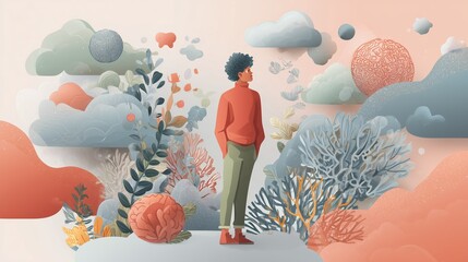 Gen Z person surrounded by clouds and plants representing mental health. AI generated