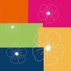 Digital artwork composed of five colored blocks, with simple and white outline flower. Orange, pink, green, blue and yellow blocks.