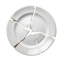 A cracked white ceramic plate, showcasing sharp edges and broken fragments, symbolizing fragility and loss. The plate's glossy surface adds contrast against a dark background.