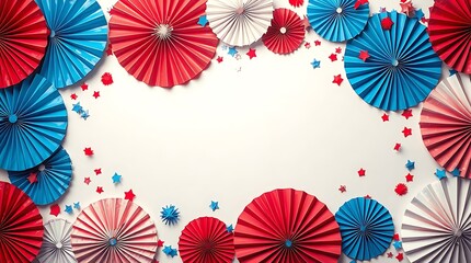 Festive arrangement of red, blue, and white paper fans and star confetti isolated on white background, perfect for patriotic celebrations and holiday events