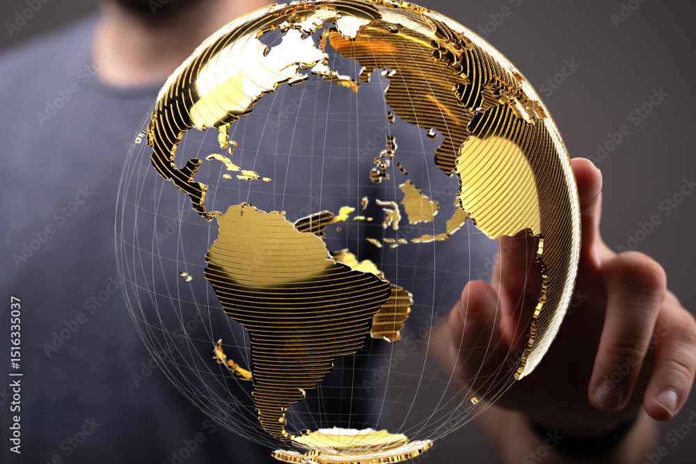 Poster a businessman interacts with a 3d golden globe, symbolizing global connectivity and networking.