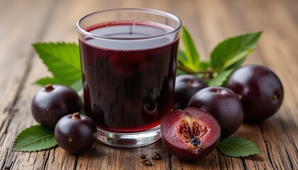 Jamun or Black Plum Juice in a Glass with Fruit and Leaves Isolated on a Wooden Background with Also Known as Malabar Plum, Syzygium Cumini or Jambolan.