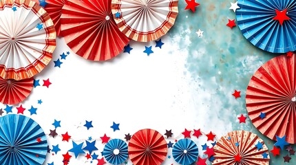 Patriotic red, white, and blue paper fans and stars decoration for 4th of july independence day celebration isolated on white background with copy space