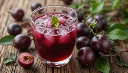 Jamun or Black Plum Juice in a Glass with Fruit and Leaves Isolated on a Wooden Background with Also Known as Malabar Plum, Syzygium Cumini or Jambolan.