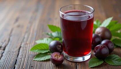 Jamun or Black Plum Juice in a Glass with Fruit and Leaves Isolated on a Wooden Background with Also Known as Malabar Plum, Syzygium Cumini or Jambolan.