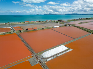 Aerial view of colorful salt pans near Burgas, Bulgaria. Vibrant red and orange evaporation ponds...