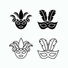 Carnival Mask Vector Icon Set with Feathers – Festive Masquerade Silhouette Collection