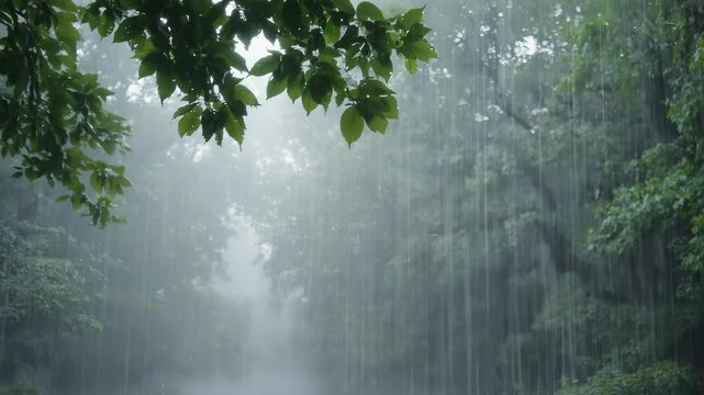 Rainfall creating rhythmic patterns in a dense green forest  