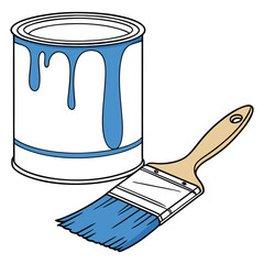 Blue paint can with dripping paint and brush for home improvement projects