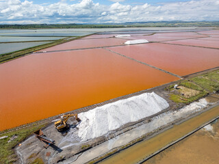 Aerial view of colorful salt pans near Burgas, Bulgaria. Vibrant red and orange evaporation ponds...