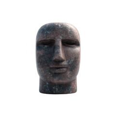 A sculptural representation of a human head, crafted from dark stone with textured surface and unique patterns, isolated on a white background, conveying emotion and artistry.