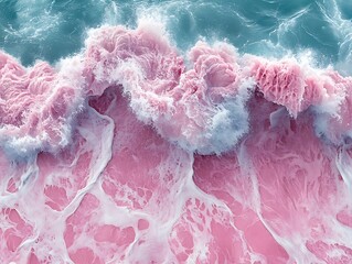 Ariel view of pink tinted ocean water with crashing waves and white foam