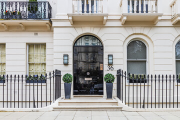 Elegant London Townhouse Entrance with Classic Black Door, Iron Railings, and Potted Plants