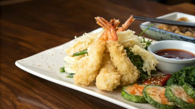 Tempura is a light fried food that usually consists of vegetables or seafood coated with the dough and fried until crispy.