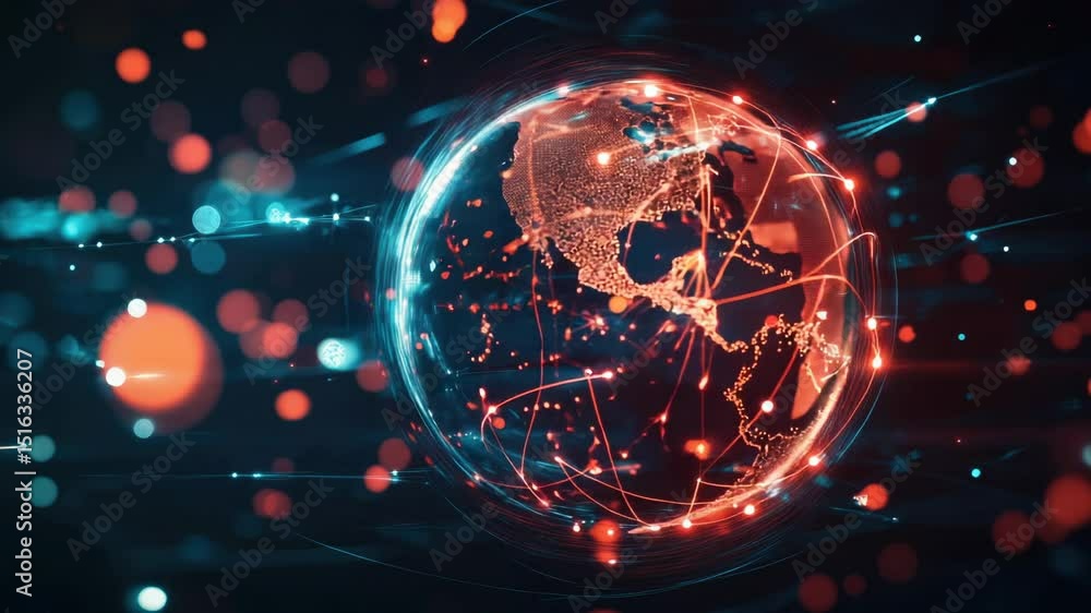 Poster A futuristic orb emitting light, surrounded by a network of lines and dots