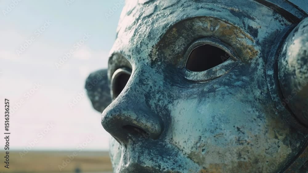Poster a close-up of a statue with headphones, perfect for use in futuristic or sci-fi scenes