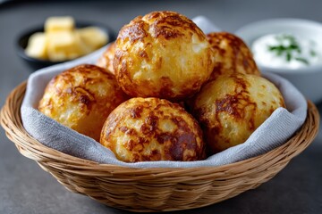 A delightful presentation of golden cheese bread balls nestled in a rustic basket, evoking warmth and mouthwatering flavor, perfect for sharing and enjoyment.