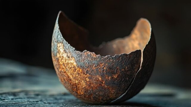 A cracked eggshell sitting on a table, a symbol of fragility and impermanence