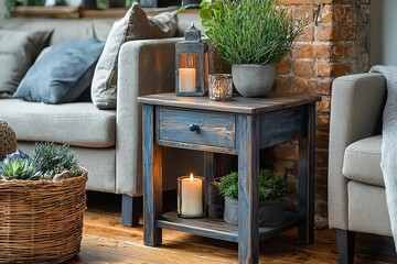 Dark gray wooden end table with shelf and drawer, latex-painted finish, placed next to gray sofa on living room floor