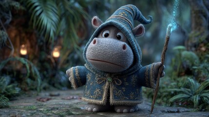 Little Hippo Mage in Enchanted Forest with Glowing Staff