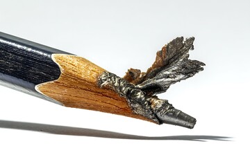 a sharpened pencil tip nearly snapping under heavy pressure, captured in intense close-up, the texture of graphite visibly crumbling yet holding strong, isolated on a pure
