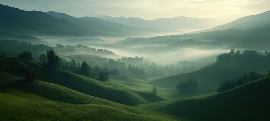 Mountains and Hills Landscape with Foggy Morning and Sunrise
