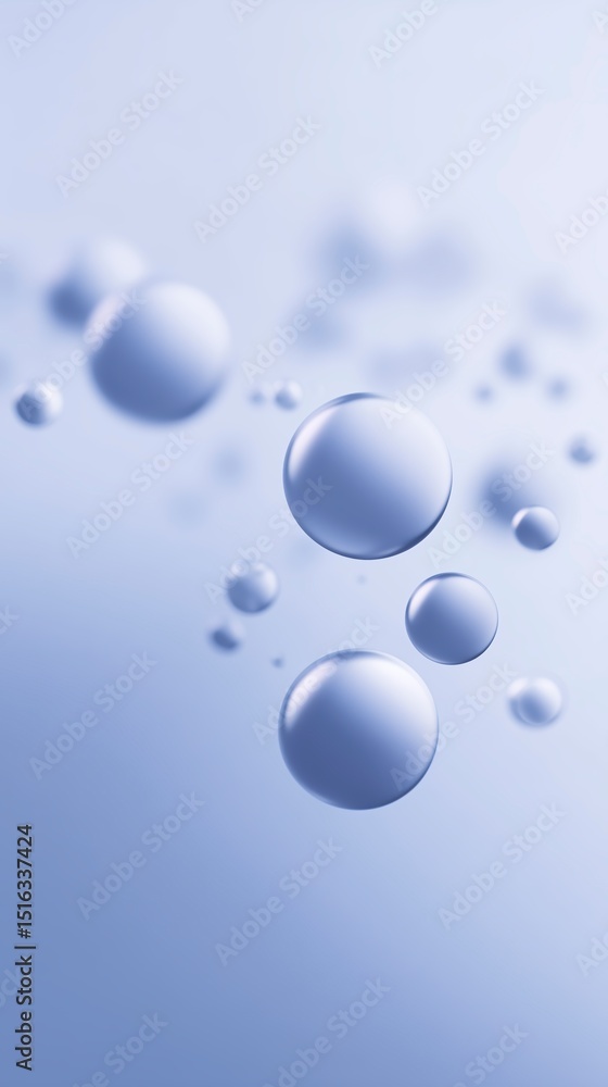 Poster abstract illustration of floating water droplets on a soft blue background creating a serene and cal