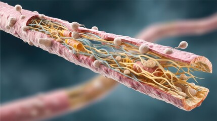 Detailed anatomical 3D illustration of a nerve fiber bundle cross-section, showing connective tissue, axons, and neural pathways in human anatomy.
