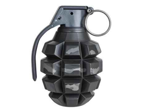 Modern Tactical Grenade with Digital Camouflage Pattern, Top-Down View, isolated on a transparent background