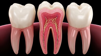 Detailed 3D illustration of teeth with a central molar cross-section showing enamel, dentin, pulp, nerves, and internal dental structure.
