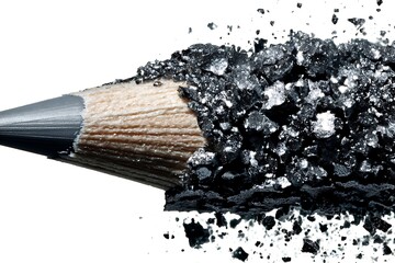 a sharpened pencil tip nearly snapping under heavy pressure, captured in intense close-up, the texture of graphite visibly crumbling yet holding strong, isolated on a pure