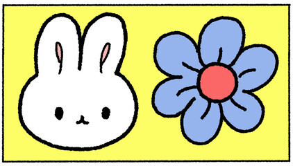 토끼 얼굴과 꽃이 있는 손그림 꾸미기 스티커