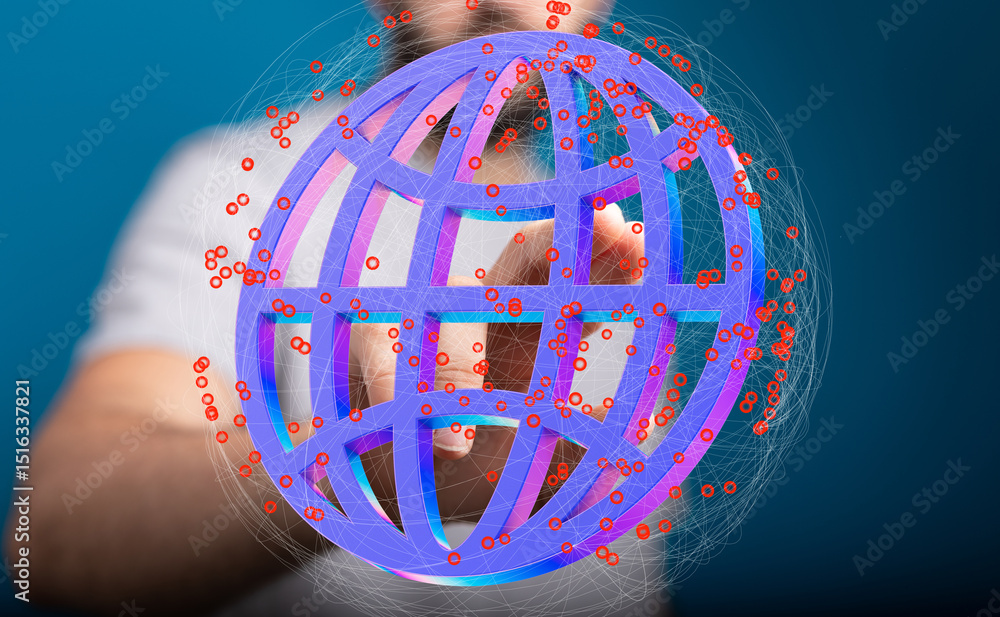 Poster person interacts with a digital globe, symbolizing global networking and data connections.