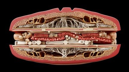 Detailed 3D medical illustration showing a human spinal cord cross-section with vertebrae, nerves, blood vessels, and surrounding tissue layers.

