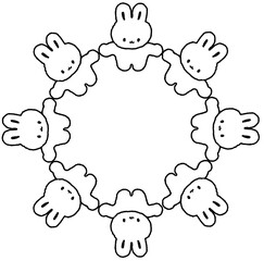 손잡은 토끼 캐릭터 원형 리스 컬러링 드로잉