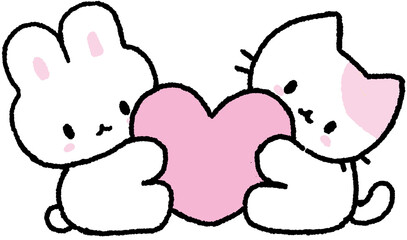 하트를 들고 있는 토끼와 고양이 일러스트 © titi.drawing