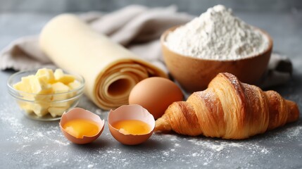 Fototapeta premium Fresh croissant and baking ingredients arranged on a kitchen counter ready for pastry preparation