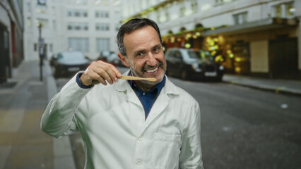 Obraz premium Elderly man in a white coat smiles while inspecting a toothbrush on an urban street, blending professional focus with a casual outdoor city vibe.
