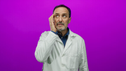 Hispanic man in white coat looks surprised against isolated pink background, capturing expression...
