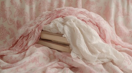 Romantic vintage composition with antique books and draped fabrics in soft light