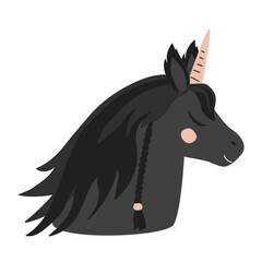 Cute sleeping black unicorn profile. Unicorn portrait cartoon isolated illustration. Fairy horse vector.