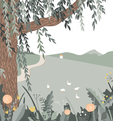 Green weeping willow tree and flowers rustic landscape. Tree branches and flowers summer vector.