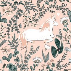 Seamless vector pattern with unicorns and magic plants. Vintage fairy background. Vector illustration.