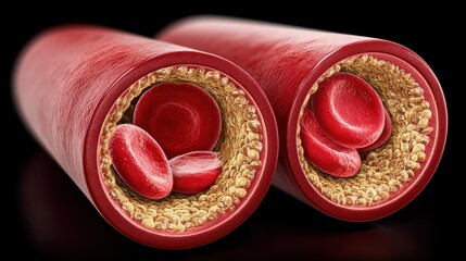 Realistic 3D rendering of arteries showing red blood cells and cholesterol plaque accumulation, depicting atherosclerosis and cardiovascular risk.

