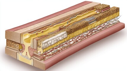 Detailed medical illustration of an artery showing plaque buildup, vessel layers, and a stent inserted to restore blood flow.

