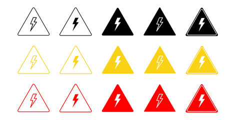 High voltage sign set.Thunderbolt, warning sign. Dangerous electrical voltage icon set. High-voltage sign, danger of electricity icons. High voltage icon vector illustration on transparent