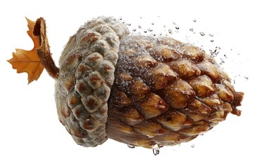 a shattered acorn dispersing woody fragments, crisp rugged textures sharply frozen against pure