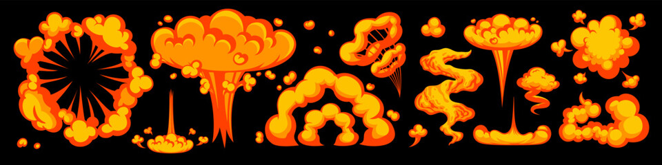 Cartoon fire explosion with bomb blast, flame and smoke cloud effect on black background. Vector Comic explosion set. Great for games, motion effects, comics, and stickers