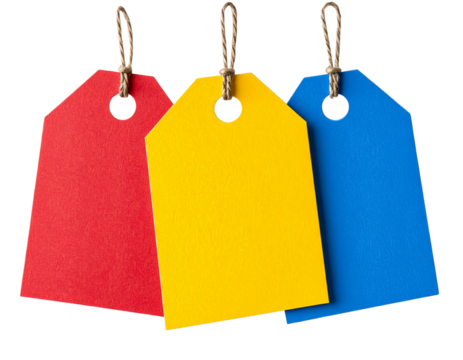 Set of Colorful Price Tags in Red, Yellow, and Blue, isolated on a transparent background - Powered by Adobe